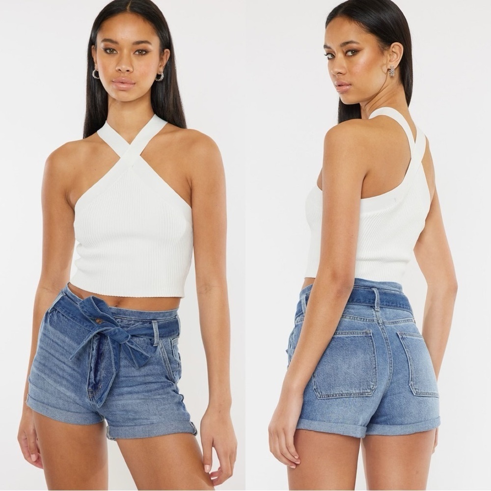 NWT KanCan Women’s Lancing High Rise Belted Shorts Blue Wash KC7854D-P Size XL